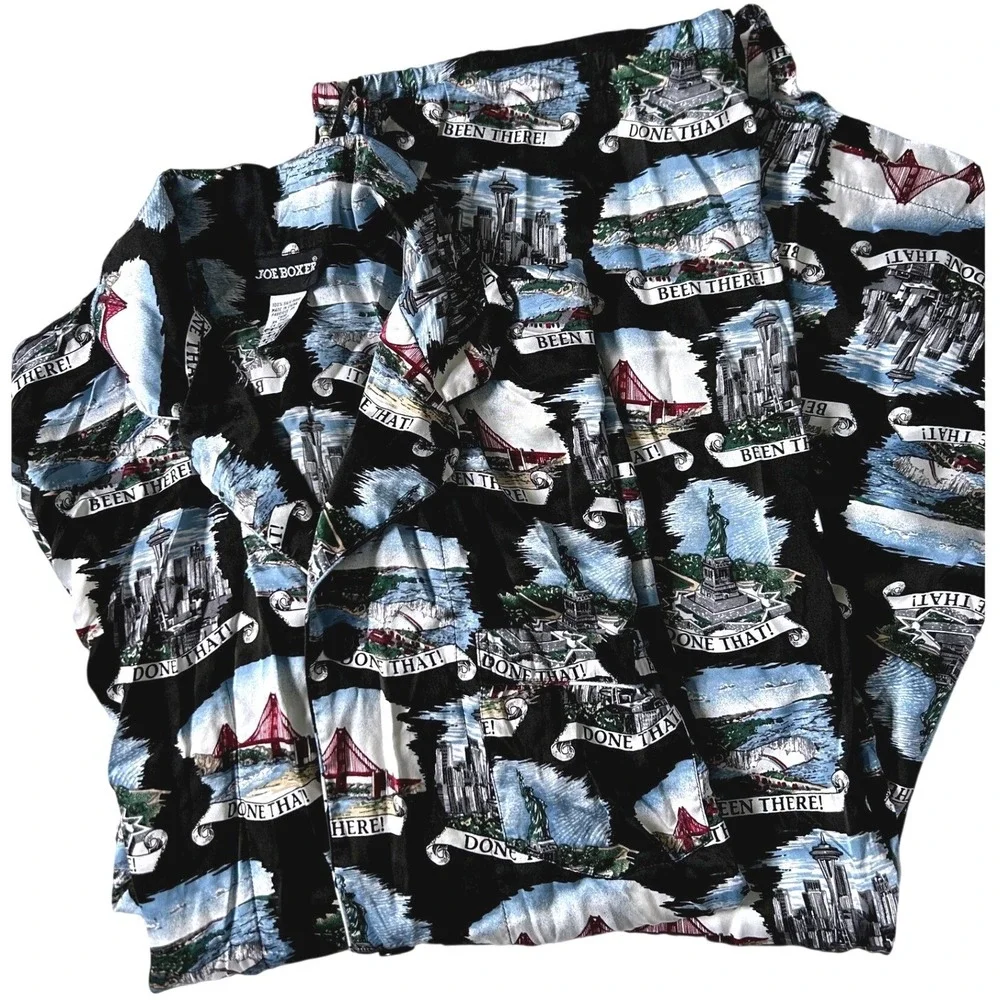 Joe Boxer VTG 100% Silk Pajama Set Men Black Novelty Travel Landmark Print Large